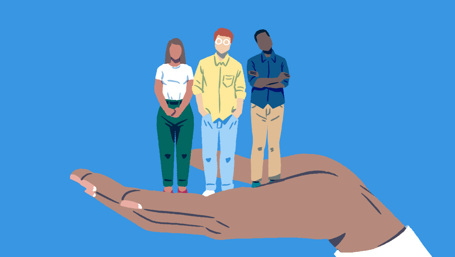 A large hand propping up three different people